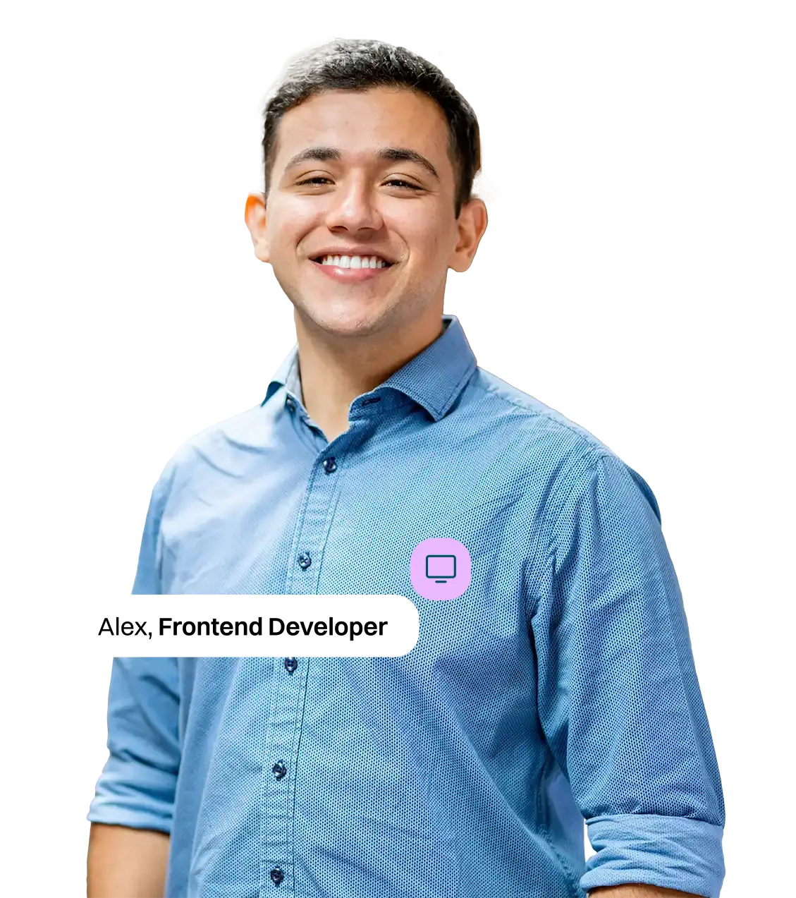 Joven profesional de Daltum Systems sonriendo, vistiendo camisa celeste
